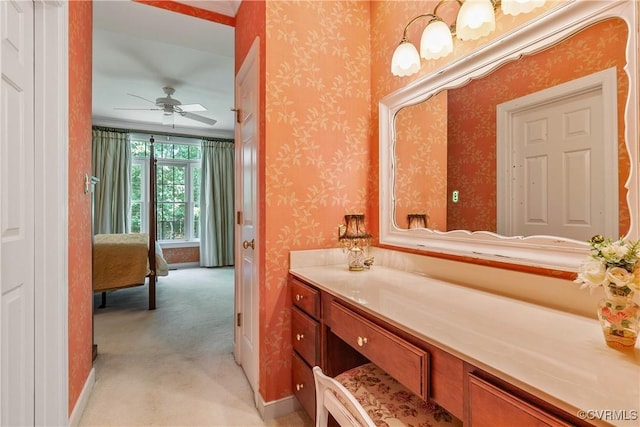 522 Hunt Field Rd, Manakin Sabot, VA 23103 - bathroom with ceiling fan, vanity, wallpapered walls, and baseboards
