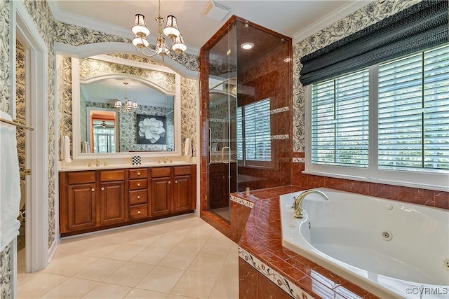522 Hunt Field Rd, Manakin Sabot, VA 23103 - full bathroom featuring a chandelier, crown molding, a whirlpool tub, a shower stall, and double vanity