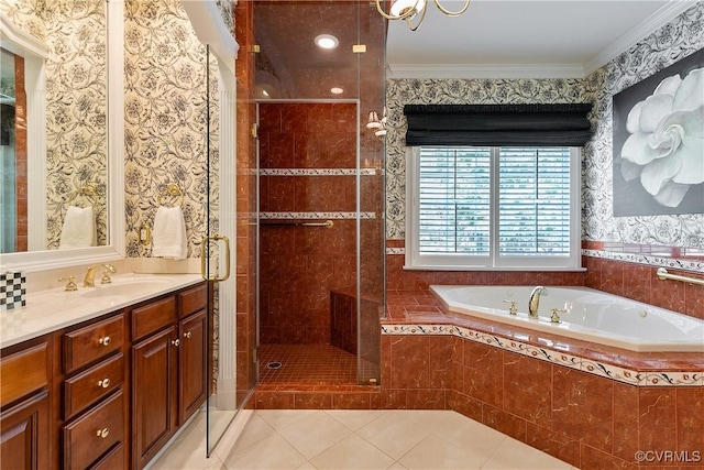 522 Hunt Field Rd, Manakin Sabot, VA 23103 - full bath with tile patterned flooring, a bath, crown molding, a shower stall, and vanity