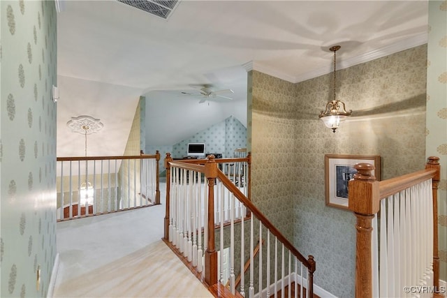 522 Hunt Field Rd, Manakin Sabot, VA 23103 - staircase with a ceiling fan, wallpapered walls, carpet flooring, a chandelier, and vaulted ceiling