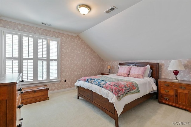 522 Hunt Field Rd, Manakin Sabot, VA 23103 - bedroom featuring wallpapered walls, light carpet, lofted ceiling, and baseboards