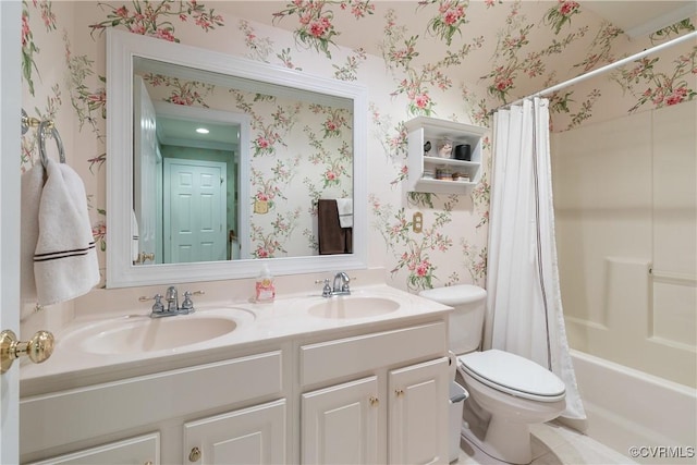 522 Hunt Field Rd, Manakin Sabot, VA 23103 - bathroom with double vanity, wallpapered walls, toilet, and shower / bath combo