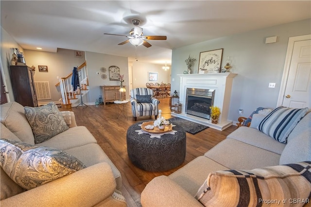 274 Meadow Dr, Tappahannock, VA 22560 - living room featuring ceiling fan, stairs, wood finished floors, and baseboards