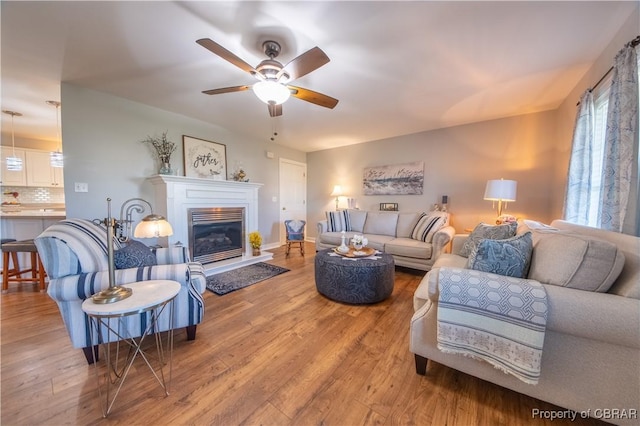 274 Meadow Dr, Tappahannock, VA 22560 - living area featuring hardwood / wood-style flooring, a ceiling fan, and a glass covered fireplace