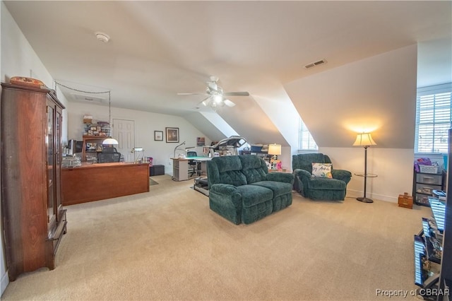 274 Meadow Dr, Tappahannock, VA 22560 - carpeted bedroom with vaulted ceiling, a ceiling fan, and baseboards