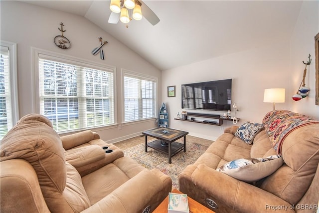 274 Meadow Dr, Tappahannock, VA 22560 - living area with vaulted ceiling, a ceiling fan, carpet, and baseboards