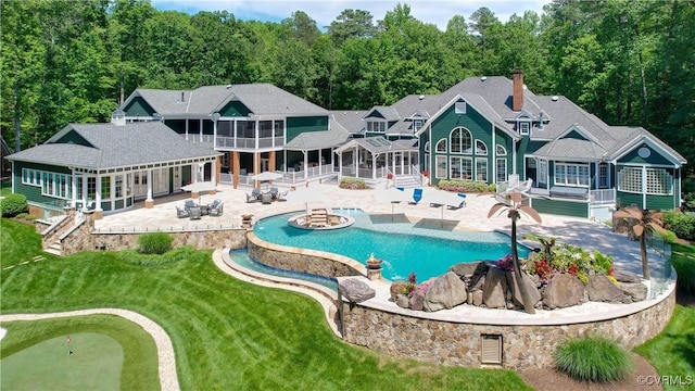 203 Randolph Square Ln, Richmond, VA 23238 - outdoor pool featuring a patio, an area to practice putting, a sunroom, and a lawn