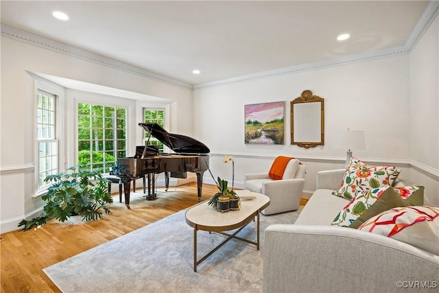 203 Randolph Square Ln, Richmond, VA 23238 - living area with crown molding, wood finished floors, recessed lighting, and baseboards