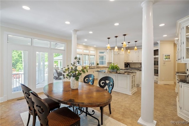 203 Randolph Square Ln, Richmond, VA 23238 - dining room featuring ornate columns, crown molding, recessed lighting, light tile patterned flooring, and baseboards