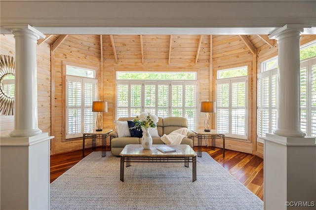 203 Randolph Square Ln, Richmond, VA 23238 - living room featuring decorative columns, wooden walls, wood finished floors, and wooden ceiling