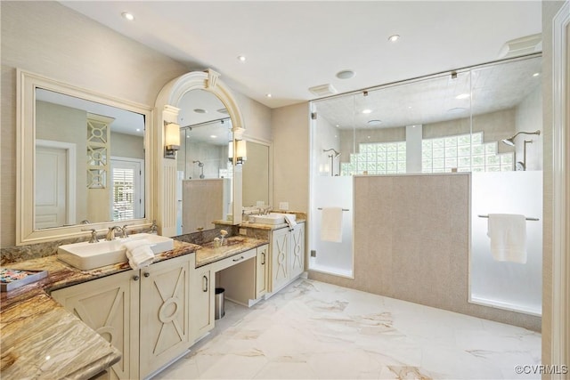 203 Randolph Square Ln, Richmond, VA 23238 - bathroom featuring a walk in shower, vanity, marble finish floors, and recessed lighting