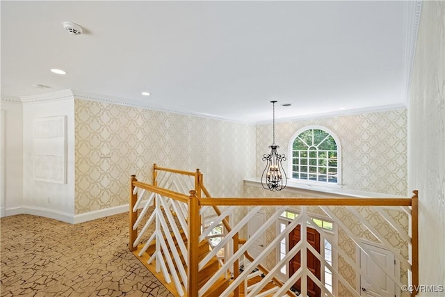 203 Randolph Square Ln, Richmond, VA 23238 - stairway with crown molding, wallpapered walls, a chandelier, baseboards, and carpet