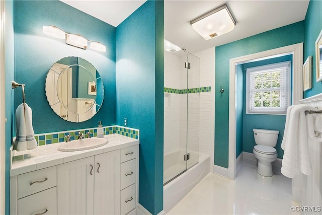 203 Randolph Square Ln, Richmond, VA 23238 - full bath featuring toilet, vanity, backsplash, washtub / shower combination, and tile patterned floors