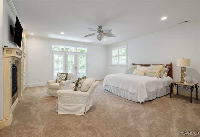 203 Randolph Square Ln, Richmond, VA 23238 - bedroom featuring a fireplace, crown molding, light colored carpet, access to outside, and recessed lighting