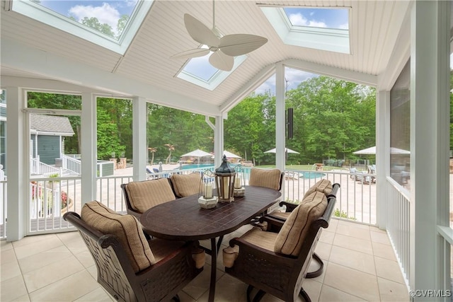 203 Randolph Square Ln, Richmond, VA 23238 - sunroom with a skylight, vaulted ceiling, a ceiling fan, and plenty of natural light