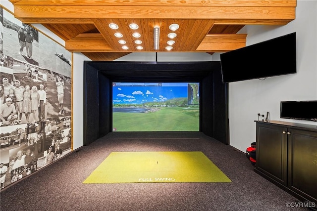 203 Randolph Square Ln, Richmond, VA 23238 - game room featuring golf simulator, carpet, and wooden ceiling