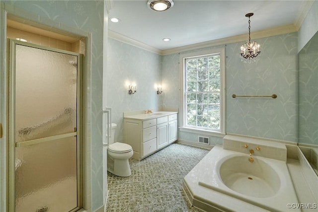 3320 Traylor Dr, Richmond, VA 23235 - full bathroom featuring wallpapered walls, a chandelier, a garden tub, vanity, and a spacious closet