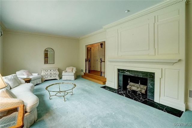 3320 Traylor Dr, Richmond, VA 23235 - living area with carpet flooring, crown molding, and a premium fireplace