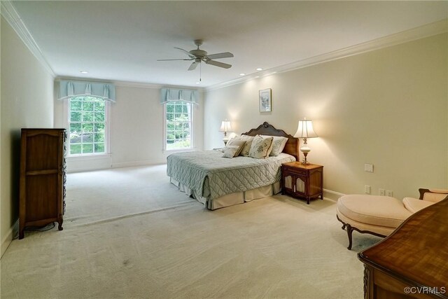 3320 Traylor Dr, Richmond, VA 23235 - bedroom featuring ornamental molding, baseboards, light carpet, ceiling fan, and recessed lighting