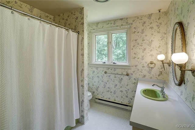 3320 Traylor Dr, Richmond, VA 23235 - full bathroom with baseboard heating, toilet, vanity, wallpapered walls, and a shower with shower curtain
