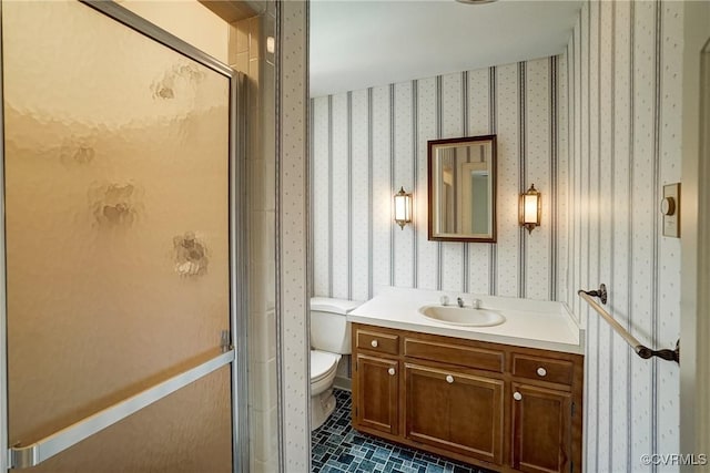 3320 Traylor Dr, Richmond, VA 23235 - bathroom with wallpapered walls, toilet, vanity, a stall shower, and tile patterned floors