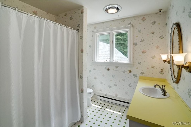 3320 Traylor Dr, Richmond, VA 23235 - full bathroom featuring baseboard heating, toilet, vanity, wallpapered walls, and a shower with shower curtain