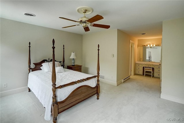 3320 Traylor Dr, Richmond, VA 23235 - bedroom with baseboards, light colored carpet, a baseboard radiator, and ceiling fan