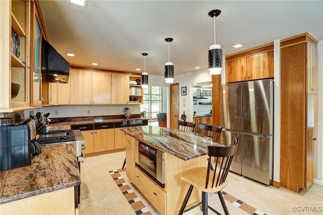 2940 Queenswood Rd, Midlothian, VA 23113 - kitchen featuring stainless steel refrigerator, range hood, light brown cabinets, dark stone countertops, and recessed lighting