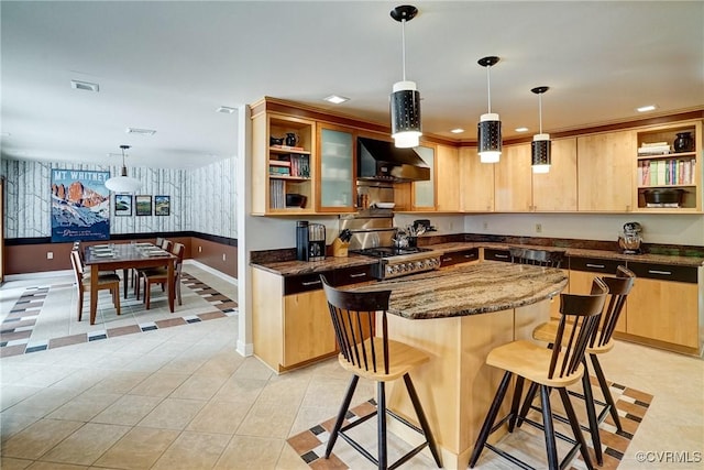 2940 Queenswood Rd, Midlothian, VA 23113 - kitchen with extractor fan, light brown cabinets, stove, baseboards, and recessed lighting