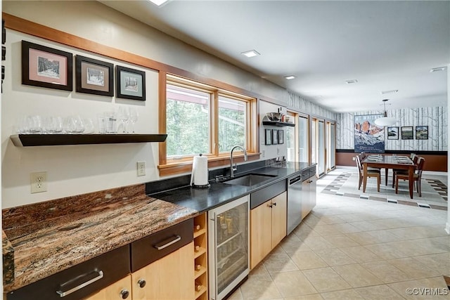 2940 Queenswood Rd, Midlothian, VA 23113 - kitchen featuring wine cooler, a sink, stainless steel dishwasher, light tile patterned flooring, and dark stone counters