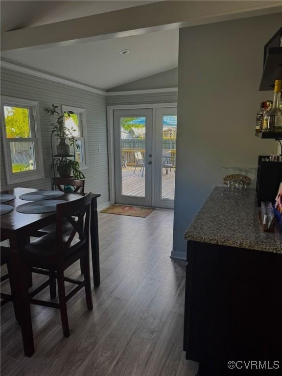 5630 Autumnleaf Dr, Chesterfield, VA 23234 - dining area featuring lofted ceiling, dark wood-type flooring, french doors, and baseboards
