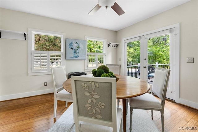4500 Forest Hill Ave, Richmond, VA 23225 - dining space with baseboards, french doors, light wood-style flooring, and ceiling fan