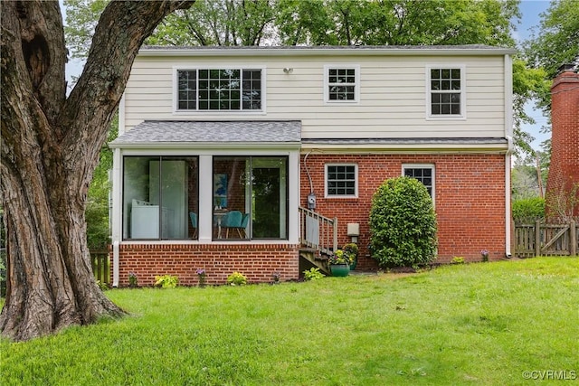 6904 Three Chopt Rd, Richmond, VA 23226 - rear view of property featuring brick siding, roof with shingles, a sunroom, and entry steps