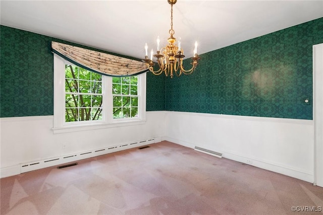 1601 Princeton Rd, Richmond, VA 23227 - carpeted spare room with wallpapered walls, a chandelier, wainscoting, and a baseboard heating unit