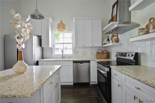 122 Elm St, Petersburg, VA 23803 - kitchen featuring stainless steel appliances, wall chimney exhaust hood, open shelves, dark wood-type flooring, and white cabinetry
