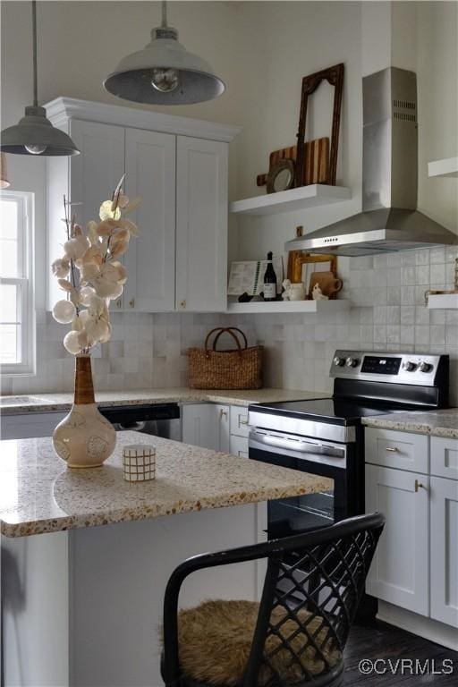 122 Elm St, Petersburg, VA 23803 - kitchen with wall chimney range hood, open shelves, appliances with stainless steel finishes, and tasteful backsplash