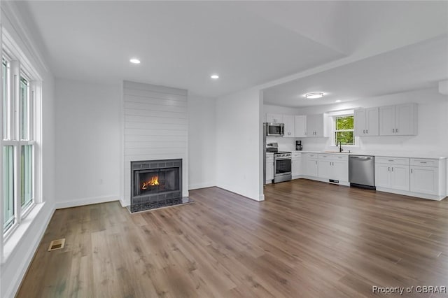 647 Lakeview Dr, Heathsville, VA 22473 - kitchen with stainless steel appliances, a sink, a fireplace, open floor plan, and dark wood-type flooring