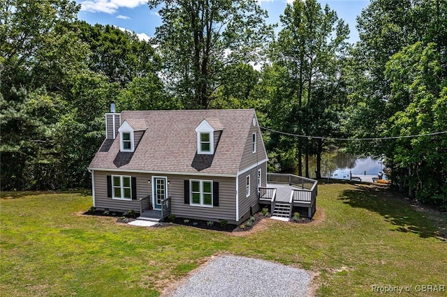 647 Lakeview Dr, Heathsville, VA 22473 - cape cod house with a chimney, a deck with water view, and a front lawn