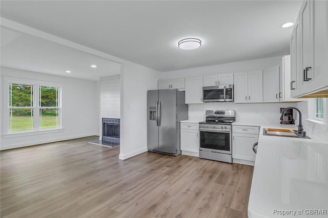 647 Lakeview Dr, Heathsville, VA 22473 - kitchen with stainless steel appliances, a sink, light wood-style flooring, light countertops, and a fireplace