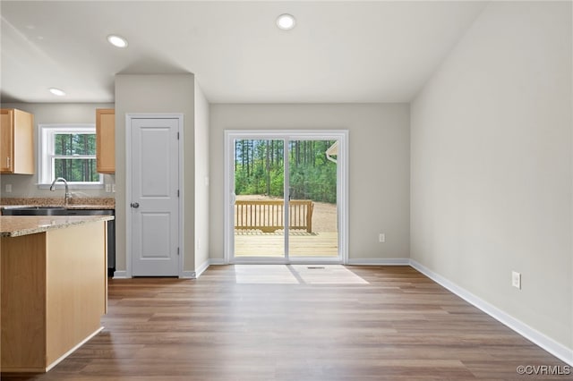 TBD Vista Lane, Mineral, VA 23117 - kitchen featuring baseboards, light wood-style floors, light brown cabinets, a sink, and recessed lighting