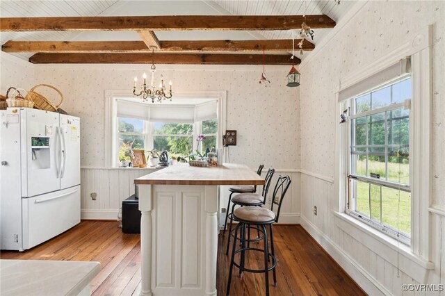 36 Carter Rd, Cumberland, VA 23040 - kitchen with white fridge with ice dispenser, hardwood / wood-style floors, healthy amount of natural light, wainscoting, and wallpapered walls