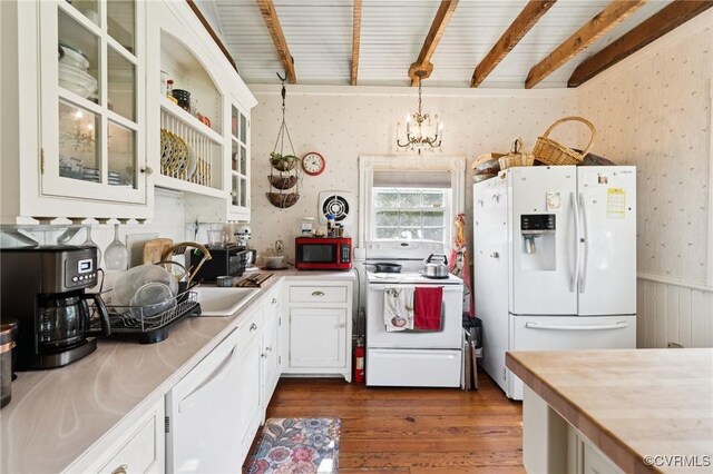36 Carter Rd, Cumberland, VA 23040 - kitchen with white appliances, wallpapered walls, a sink, glass insert cabinets, and dark wood finished floors