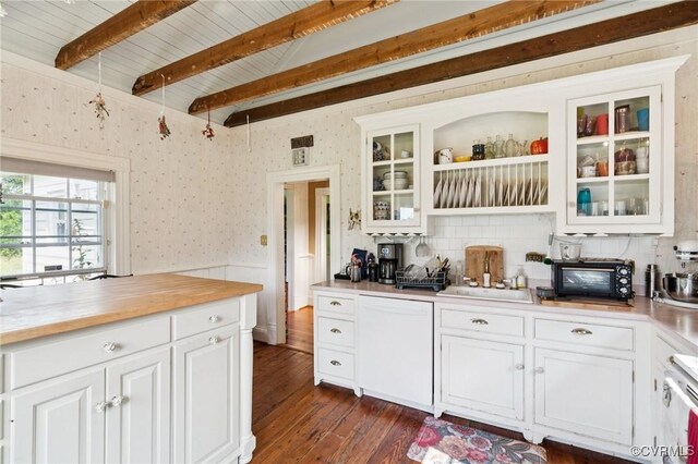 36 Carter Rd, Cumberland, VA 23040 - kitchen featuring dishwasher, wallpapered walls, dark wood-type flooring, beam ceiling, and white cabinets