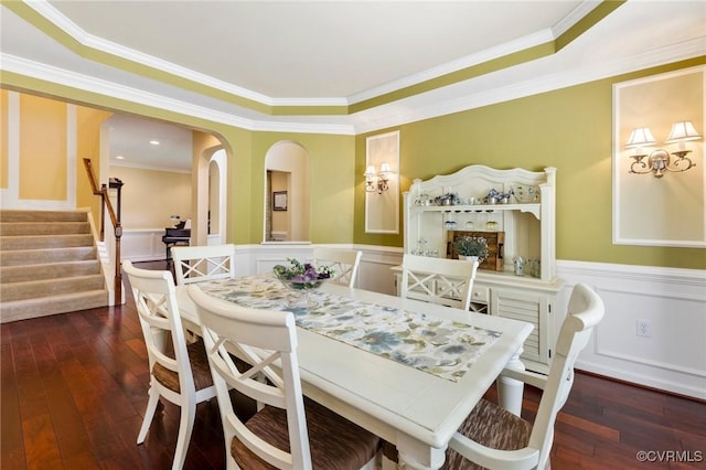 4030 Water Overlook Blvd, Midlothian, VA 23112 - dining room with wainscoting, hardwood / wood-style flooring, crown molding, and stairs