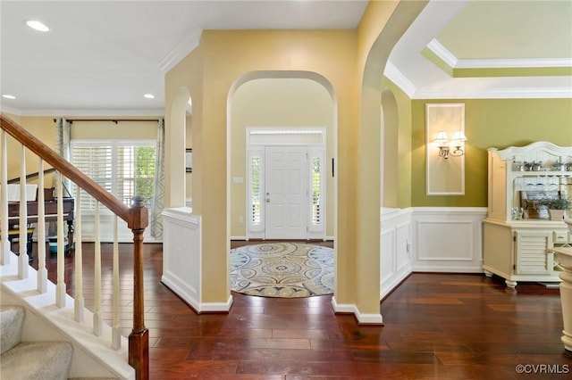4030 Water Overlook Blvd, Midlothian, VA 23112 - foyer with ornamental molding, stairway, arched walkways, wood finished floors, and recessed lighting