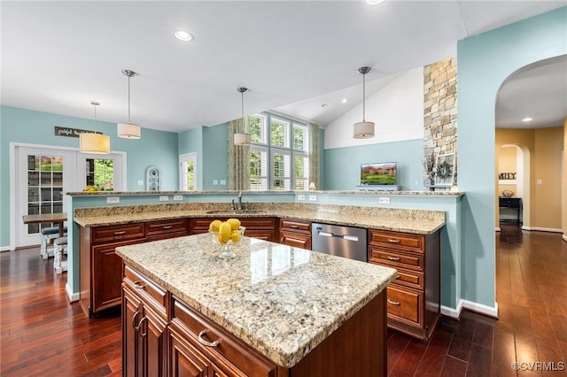 4030 Water Overlook Blvd, Midlothian, VA 23112 - kitchen featuring dishwasher, arched walkways, a sink, dark wood-style flooring, and a kitchen island