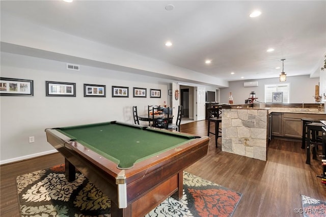4030 Water Overlook Blvd, Midlothian, VA 23112 - rec room with wet bar, pool table, dark wood-style flooring, recessed lighting, and a wall mounted air conditioner