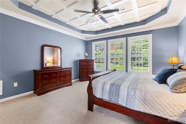 4030 Water Overlook Blvd, Midlothian, VA 23112 - carpeted bedroom with coffered ceiling, baseboards, crown molding, beam ceiling, and ceiling fan