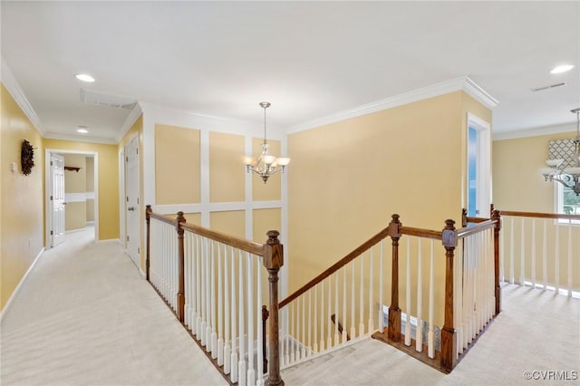 4030 Water Overlook Blvd, Midlothian, VA 23112 - corridor with an upstairs landing, a chandelier, ornamental molding, carpet, and recessed lighting