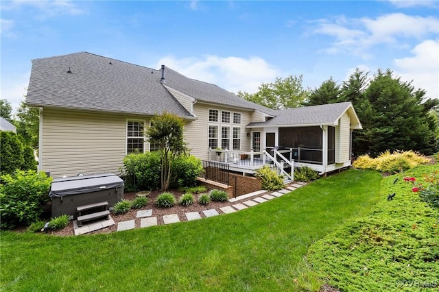 4030 Water Overlook Blvd, Midlothian, VA 23112 - rear view of house with a hot tub, a sunroom, a deck, and a lawn